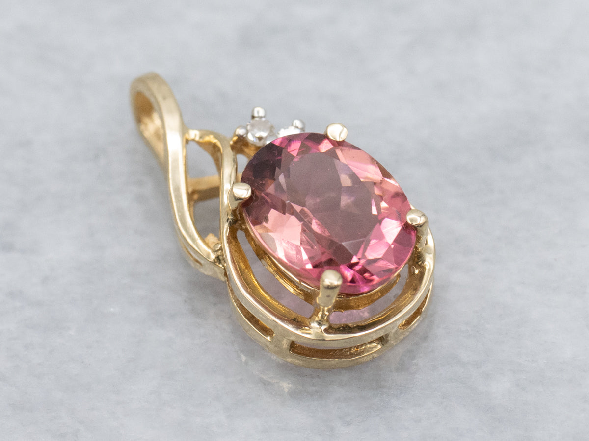Oval Cut Pink Tourmaline Diamond Yellow Gold Modern Pendant