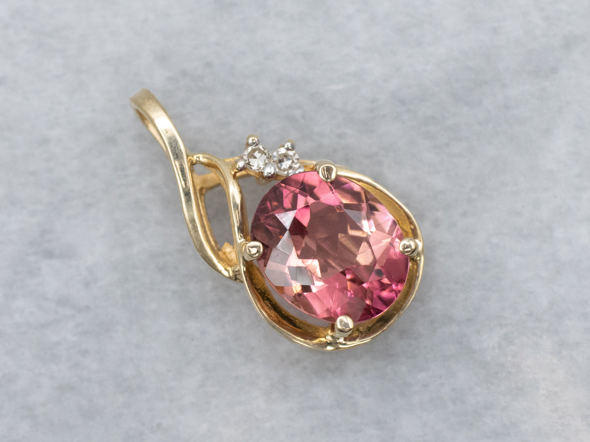 Oval Cut Pink Tourmaline Diamond Yellow Gold Modern Pendant