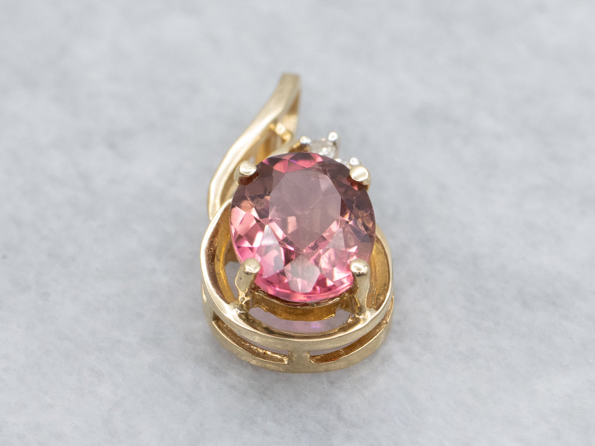 Oval Cut Pink Tourmaline Diamond Yellow Gold Modern Pendant