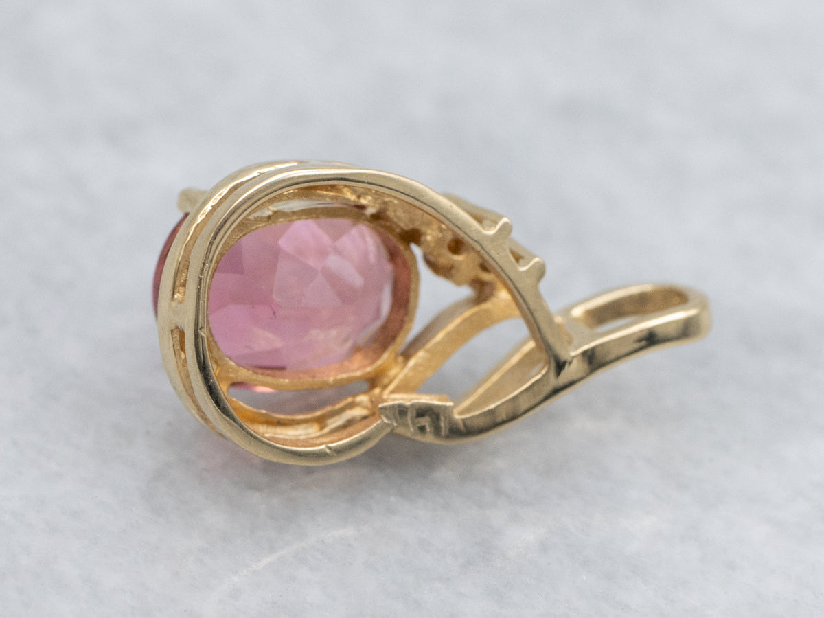 Oval Cut Pink Tourmaline Diamond Yellow Gold Modern Pendant