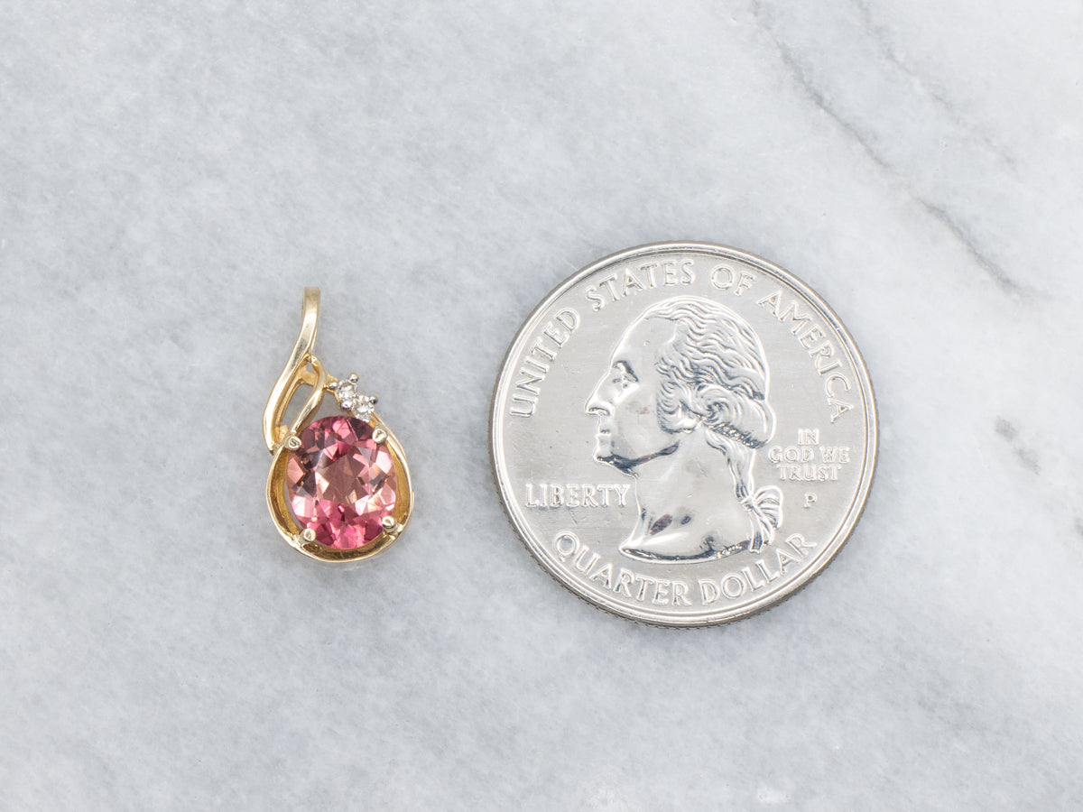 Oval Cut Pink Tourmaline Diamond Yellow Gold Modern Pendant