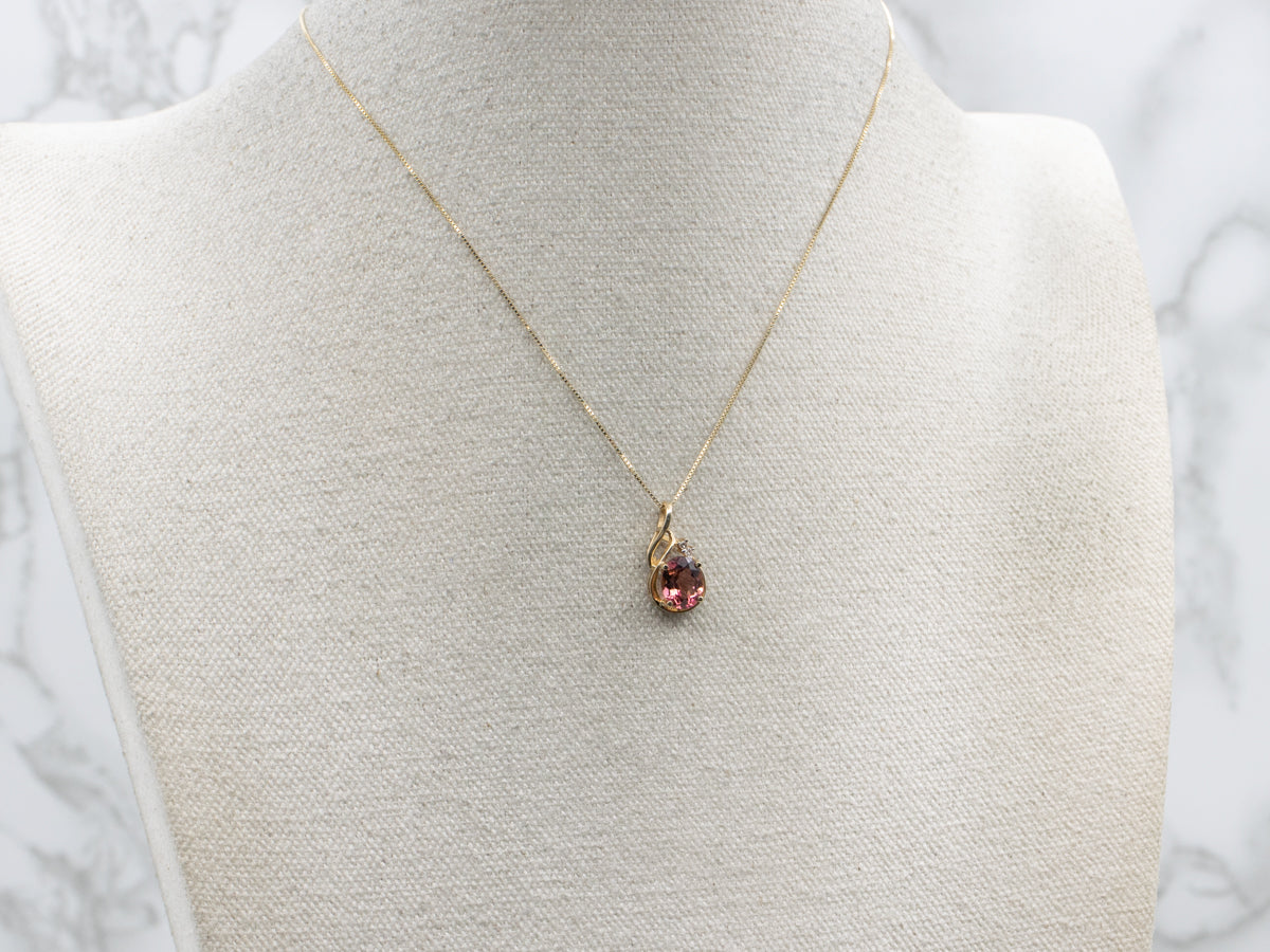 Oval Cut Pink Tourmaline Diamond Yellow Gold Modern Pendant