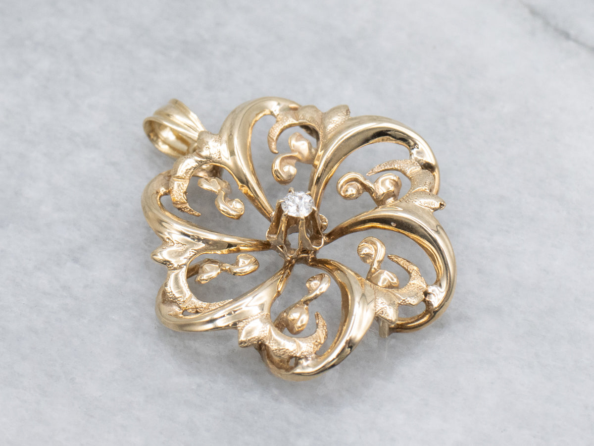 Victorian Old Mine Cut Diamond Swirling Yellow Gold Pendant