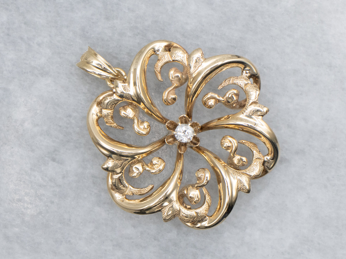 Victorian Old Mine Cut Diamond Swirling Yellow Gold Pendant