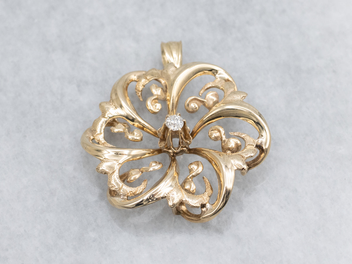 Victorian Old Mine Cut Diamond Swirling Yellow Gold Pendant