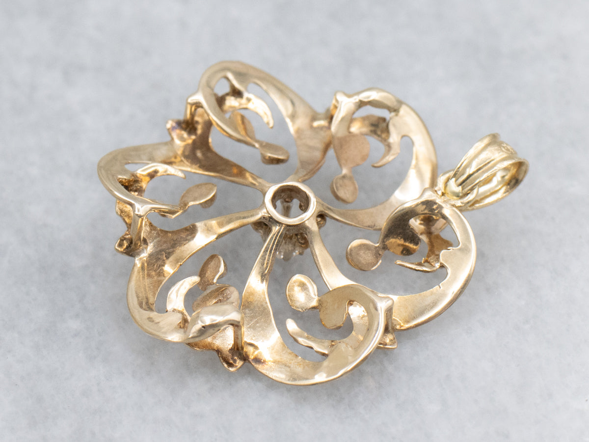 Victorian Old Mine Cut Diamond Swirling Yellow Gold Pendant