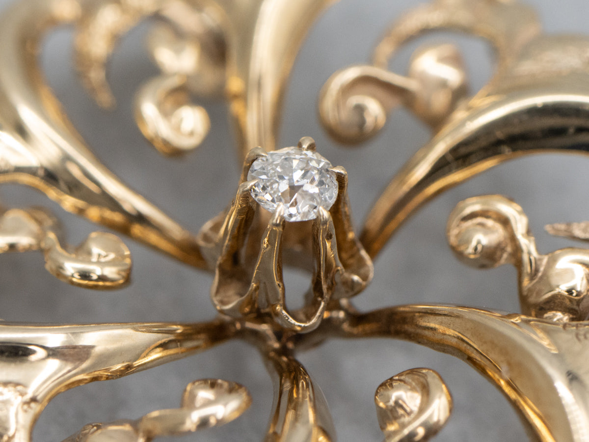 Victorian Old Mine Cut Diamond Swirling Yellow Gold Pendant