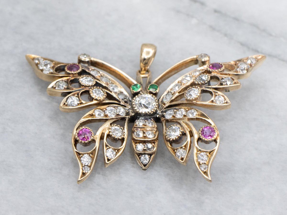Art Nouveau Era Old Mine Cut Diamonds Ruby and Gold Butterfly Pendant with Emerald Eyes