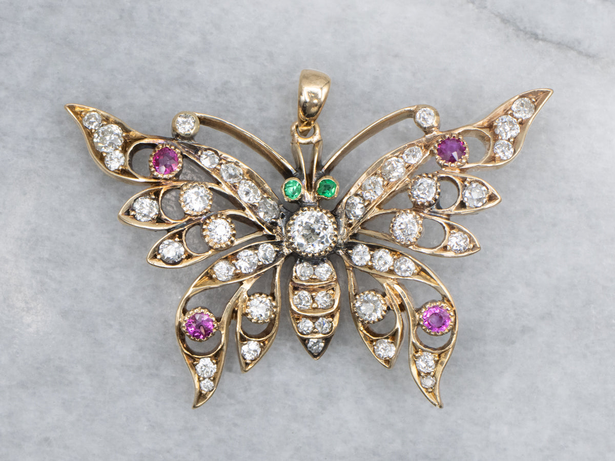 Art Nouveau Era Old Mine Cut Diamonds Ruby and Gold Butterfly Pendant with Emerald Eyes