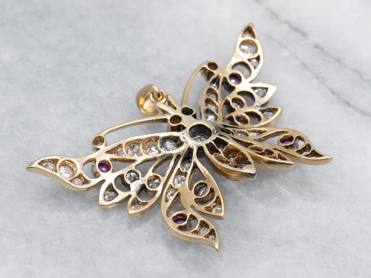 Art Nouveau Era Old Mine Cut Diamonds Ruby and Gold Butterfly Pendant with Emerald Eyes