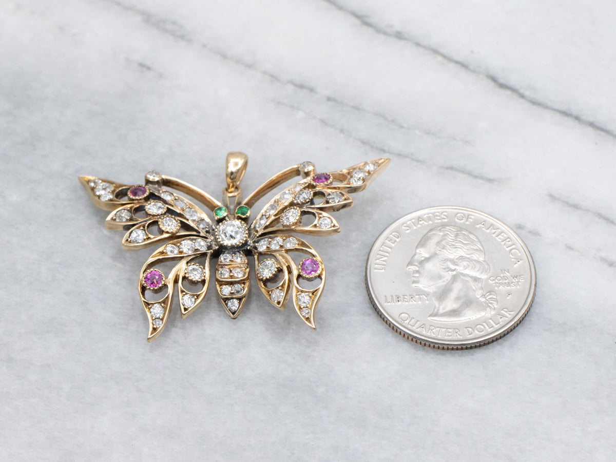 Art Nouveau Era Old Mine Cut Diamonds Ruby and Gold Butterfly Pendant with Emerald Eyes
