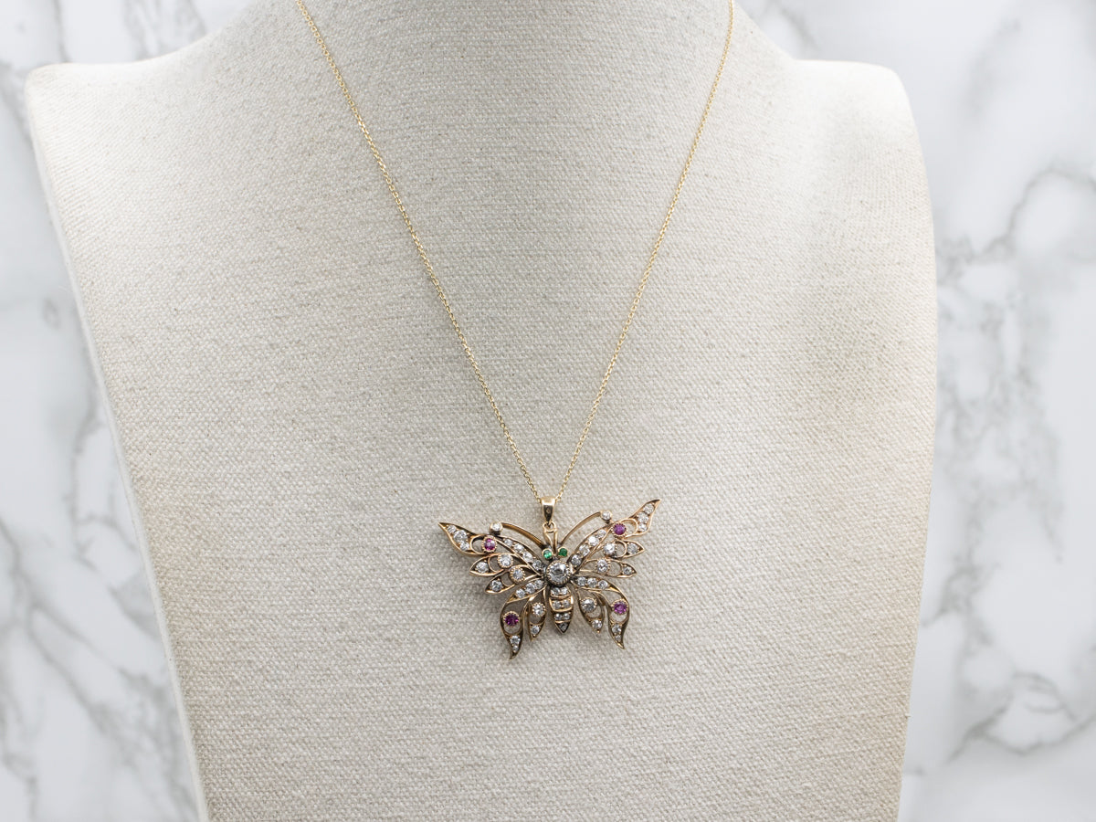 Art Nouveau Era Old Mine Cut Diamonds Ruby and Gold Butterfly Pendant with Emerald Eyes