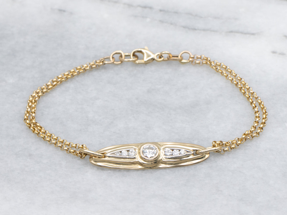 Retro Bezel Set Diamond Yellow Gold Double Strand Rolo Chain Bracelet