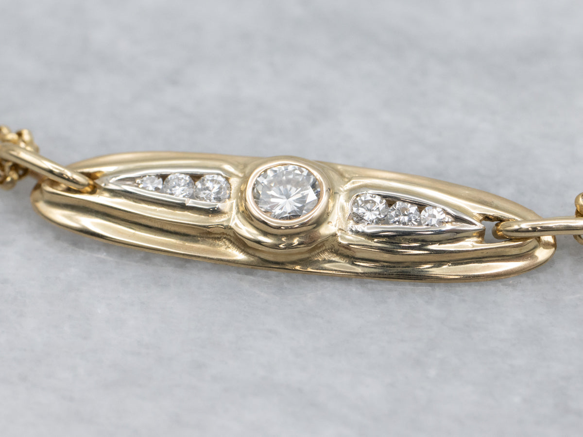 Retro Bezel Set Diamond Yellow Gold Double Strand Rolo Chain Bracelet