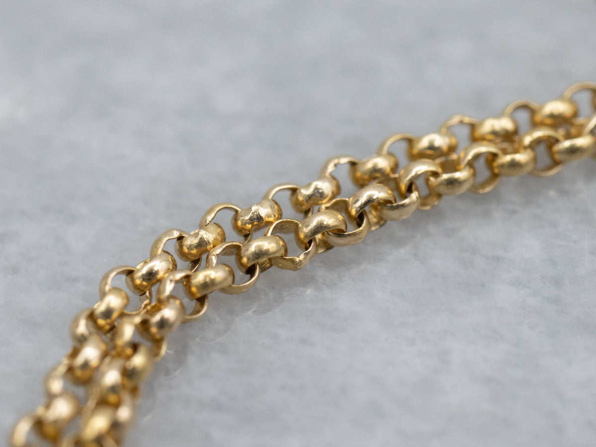 Retro Bezel Set Diamond Yellow Gold Double Strand Rolo Chain Bracelet