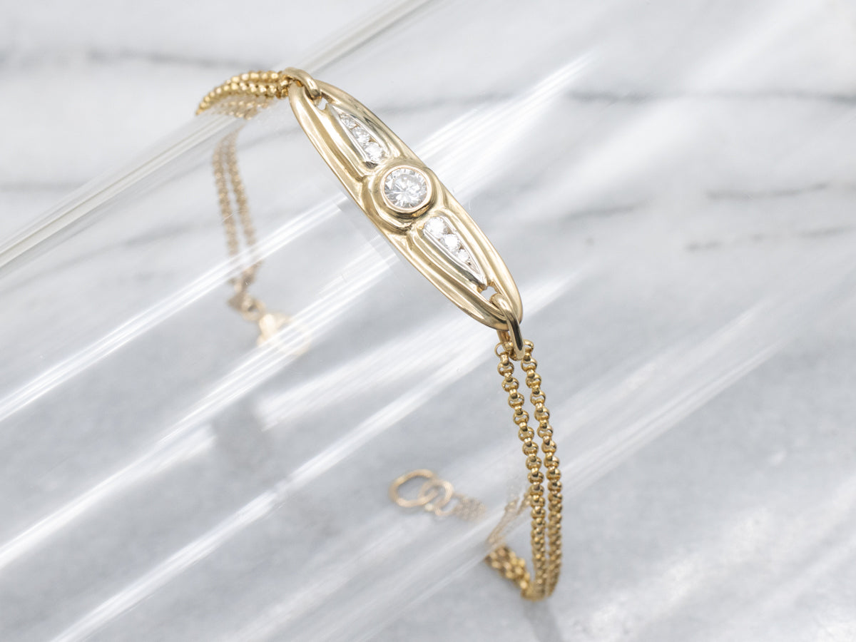 Retro Bezel Set Diamond Yellow Gold Double Strand Rolo Chain Bracelet