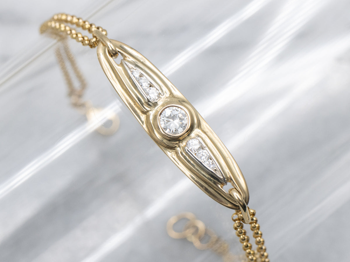 Retro Bezel Set Diamond Yellow Gold Double Strand Rolo Chain Bracelet
