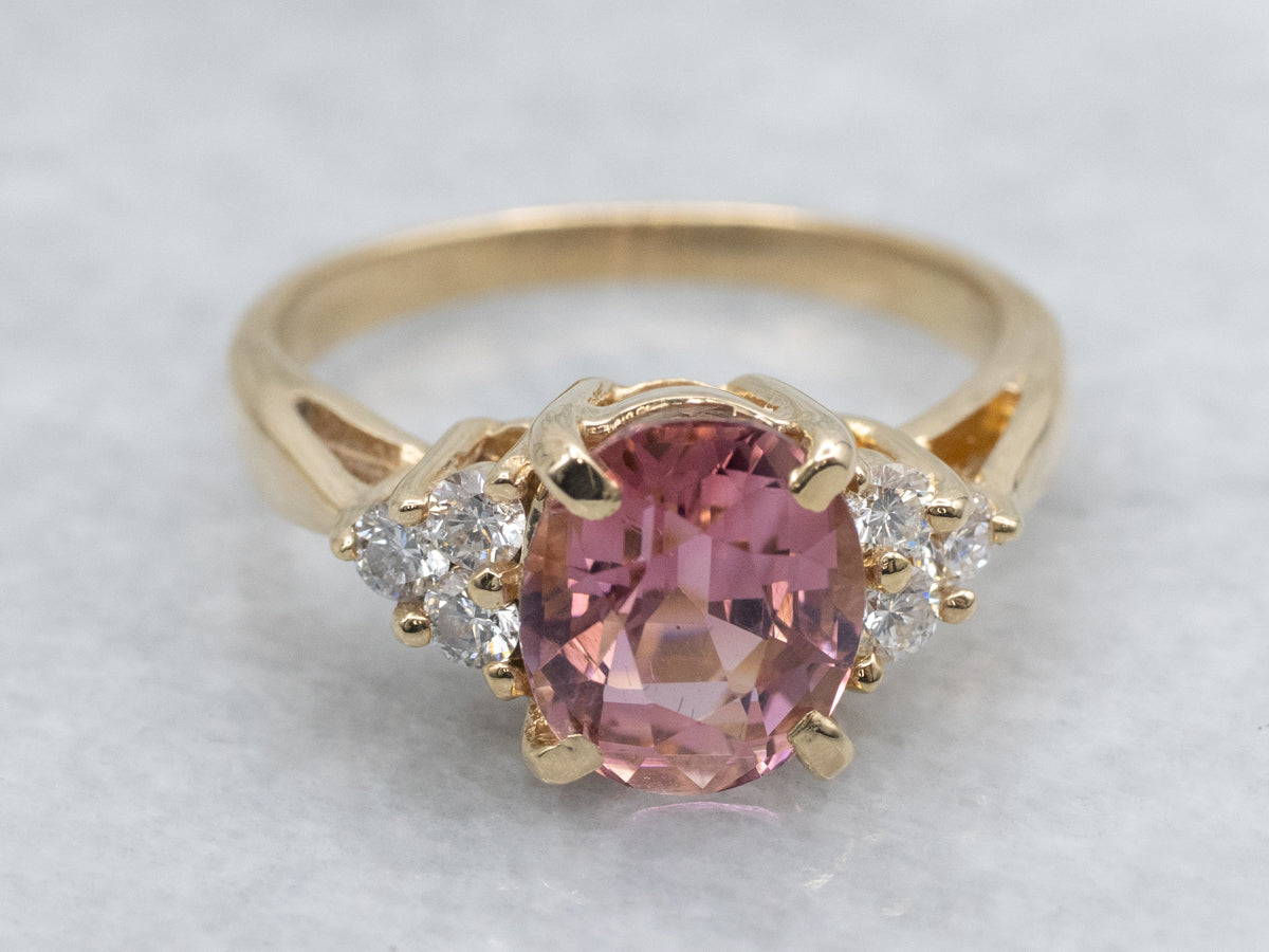 Oval Cut Pink Tourmaline and Diamond Yellow Gold Ring