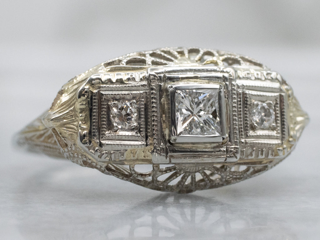 Princess Cut Art Deco Three Stone Diamond Ring