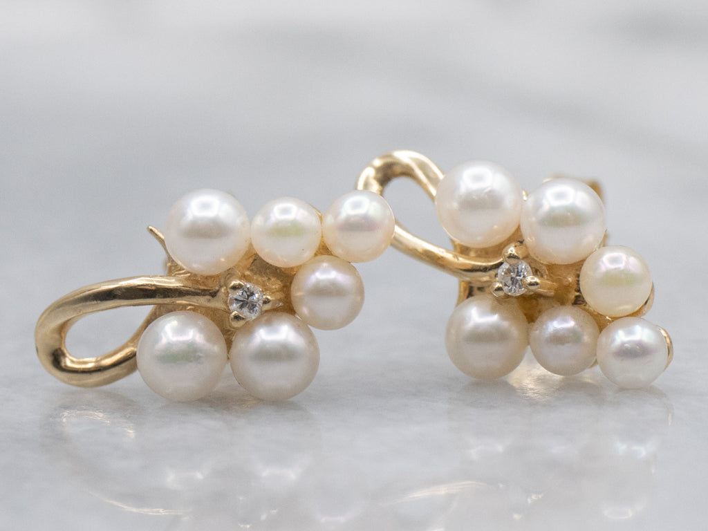 Scrolling Gold Saltwater Pearl and Diamond Cluster Earrings