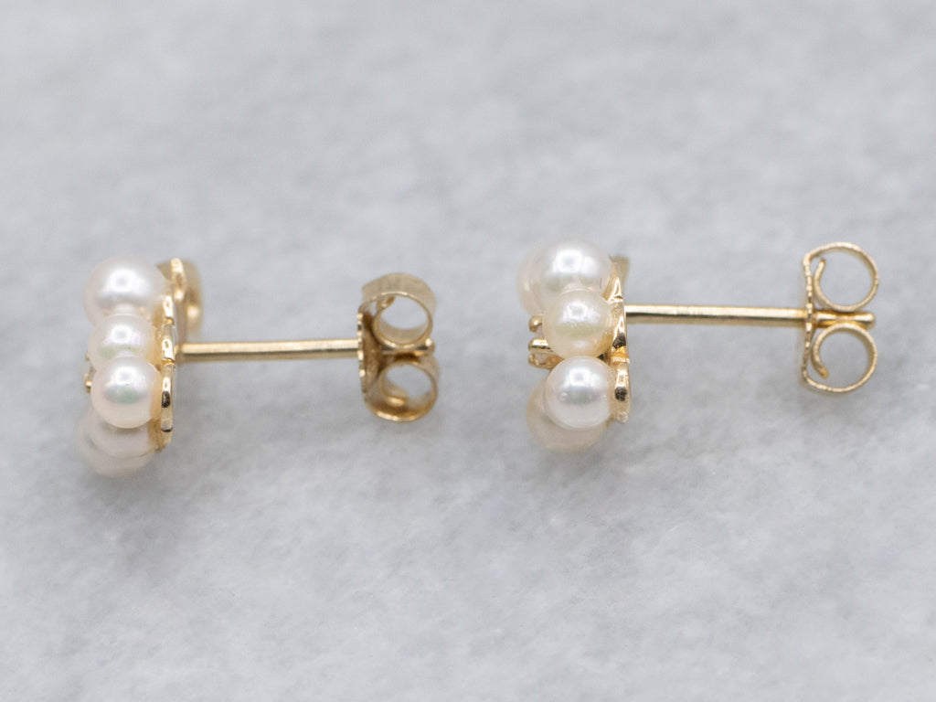Scrolling Gold Saltwater Pearl and Diamond Cluster Earrings