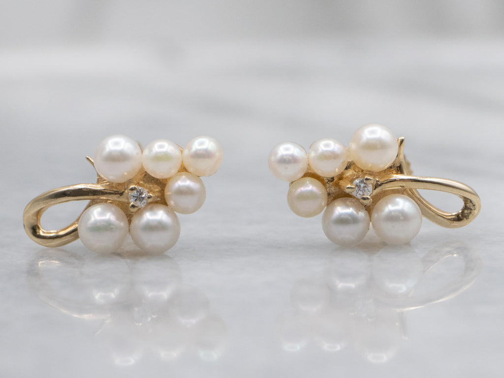 Scrolling Gold Saltwater Pearl and Diamond Cluster Earrings