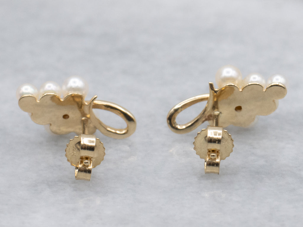 Scrolling Gold Saltwater Pearl and Diamond Cluster Earrings