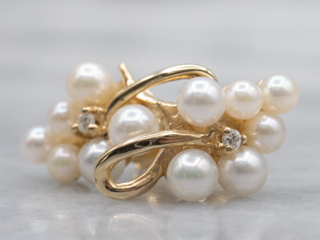 Scrolling Gold Saltwater Pearl and Diamond Cluster Earrings