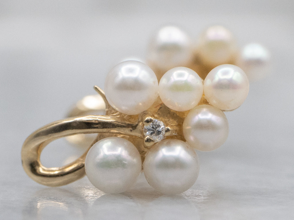 Scrolling Gold Saltwater Pearl and Diamond Cluster Earrings