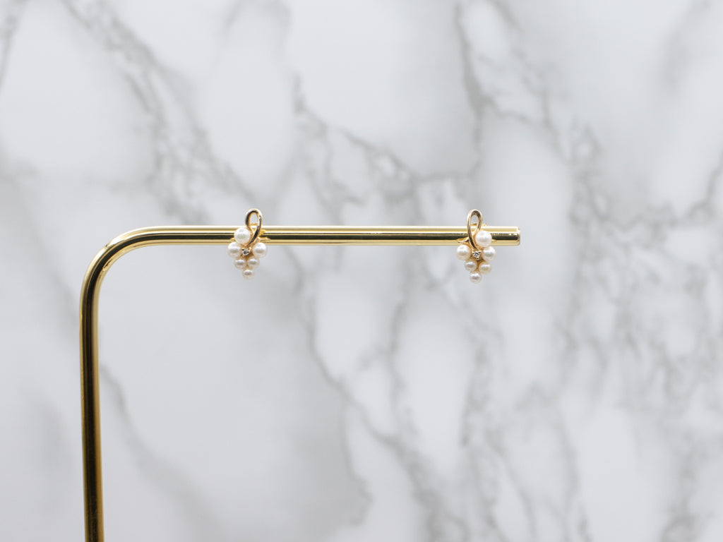 Scrolling Gold Saltwater Pearl and Diamond Cluster Earrings