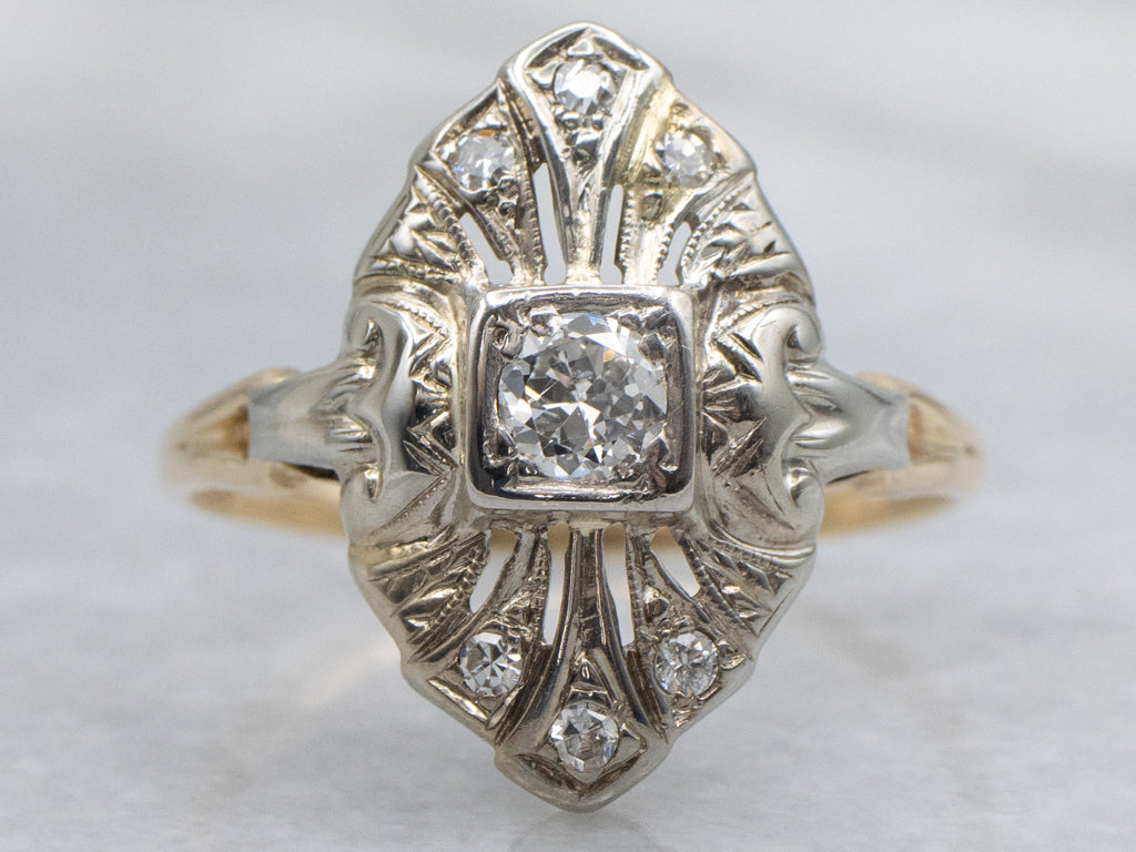 Antique Gold Filigree European Cut Diamond Dinner Ring