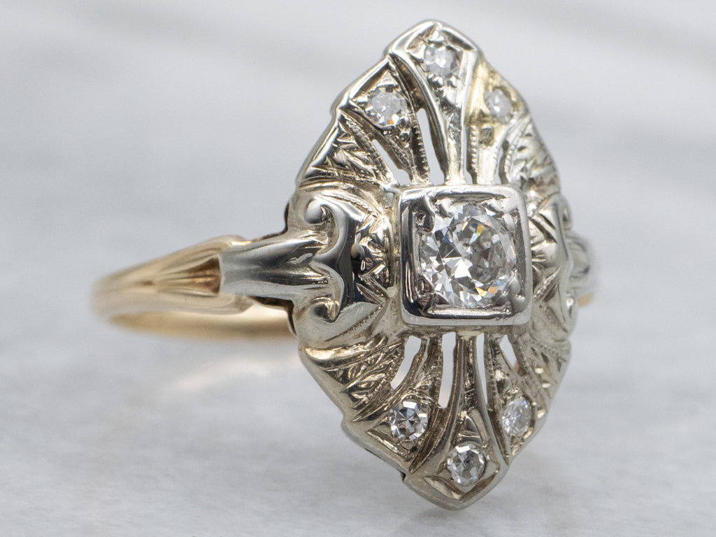 Antique Gold Filigree European Cut Diamond Dinner Ring