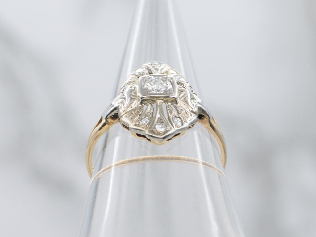 Antique Gold Filigree European Cut Diamond Dinner Ring