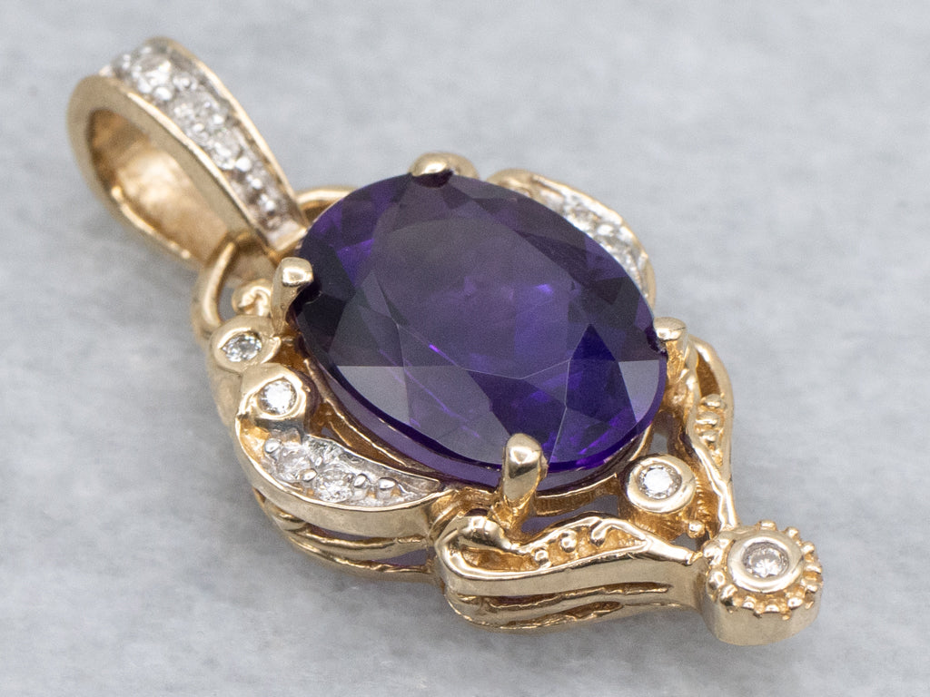 Ornate Yellow Gold Amethyst and Diamond Pendant