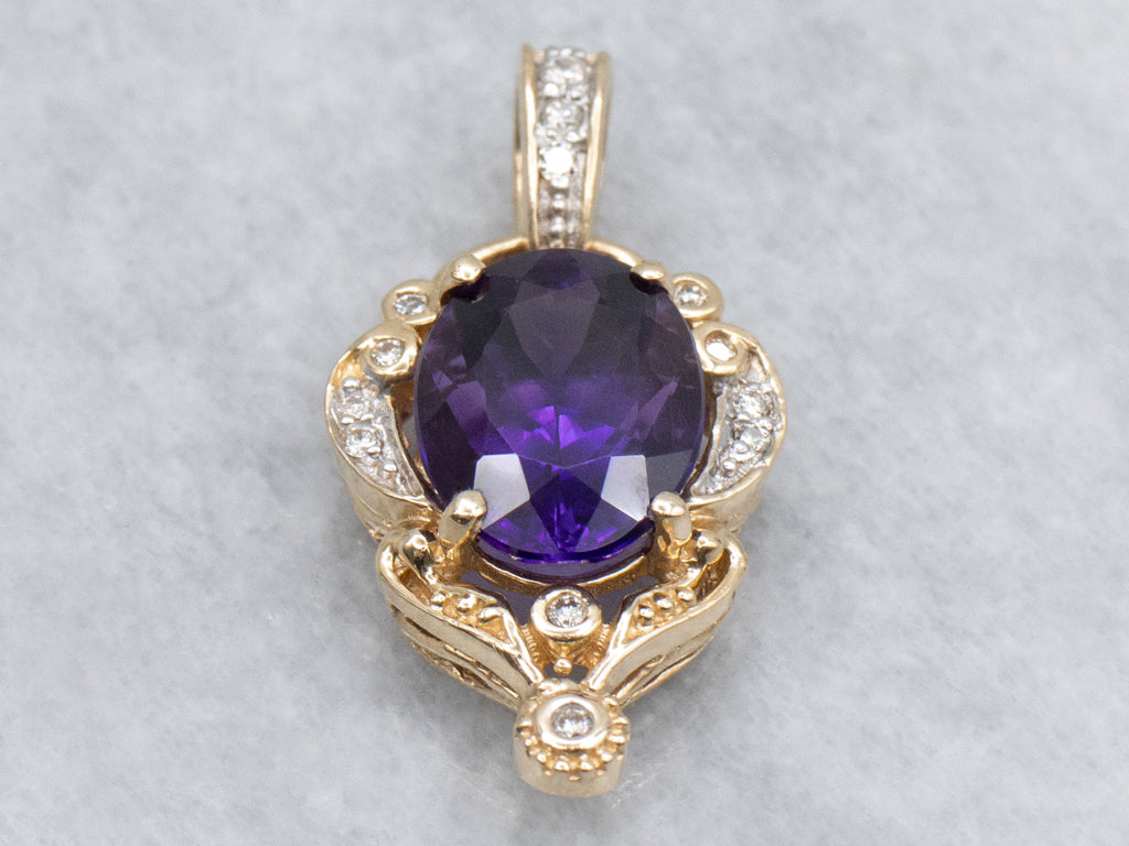 Ornate Yellow Gold Amethyst and Diamond Pendant