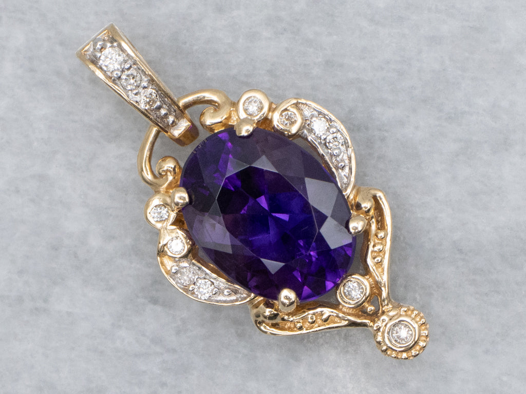 Ornate Yellow Gold Amethyst and Diamond Pendant