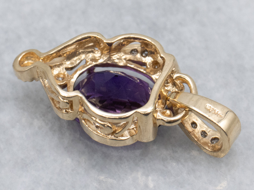 Ornate Yellow Gold Amethyst and Diamond Pendant