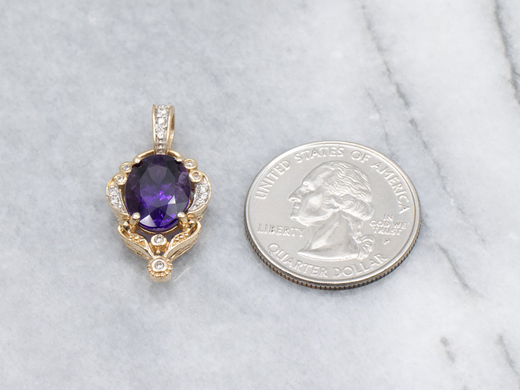 Ornate Yellow Gold Amethyst and Diamond Pendant