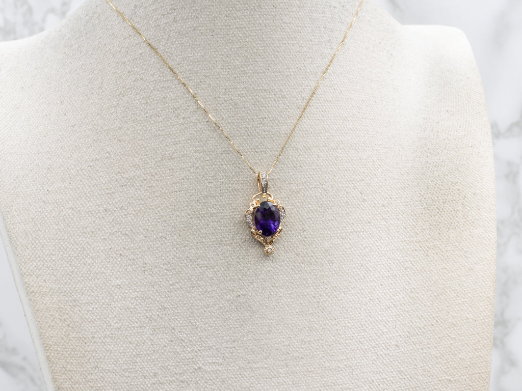 Ornate Yellow Gold Amethyst and Diamond Pendant