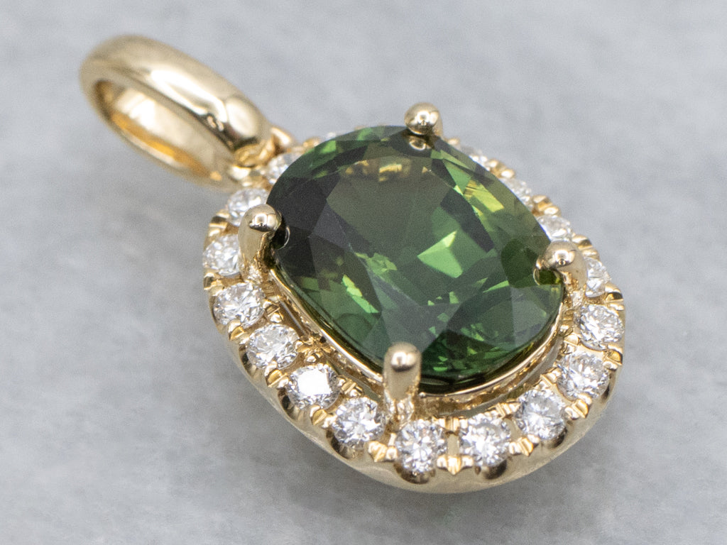 Modern Gold Green Sapphire and Diamond Halo Pendant