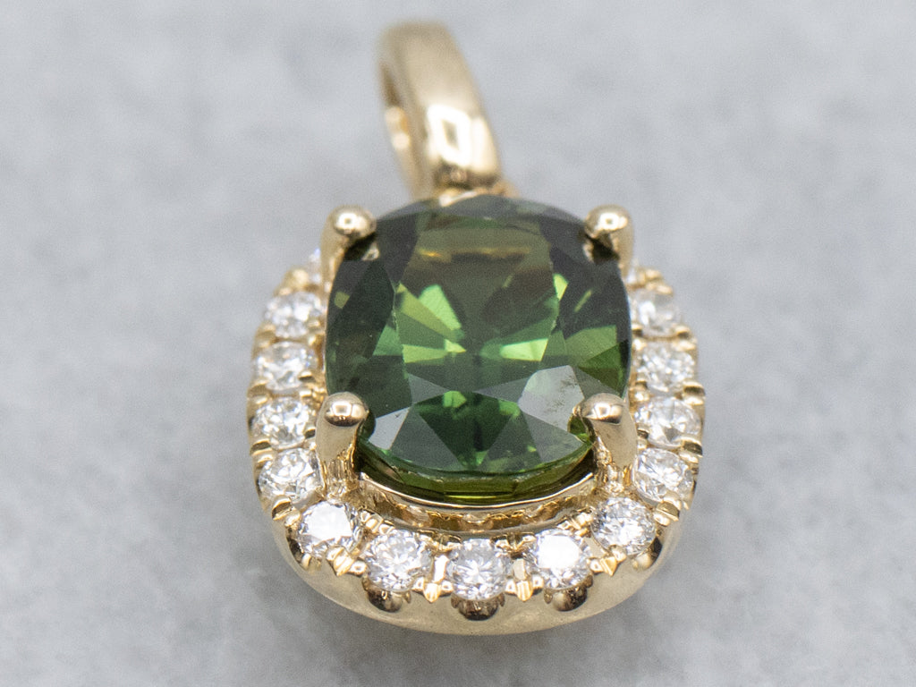 Modern Gold Green Sapphire and Diamond Halo Pendant
