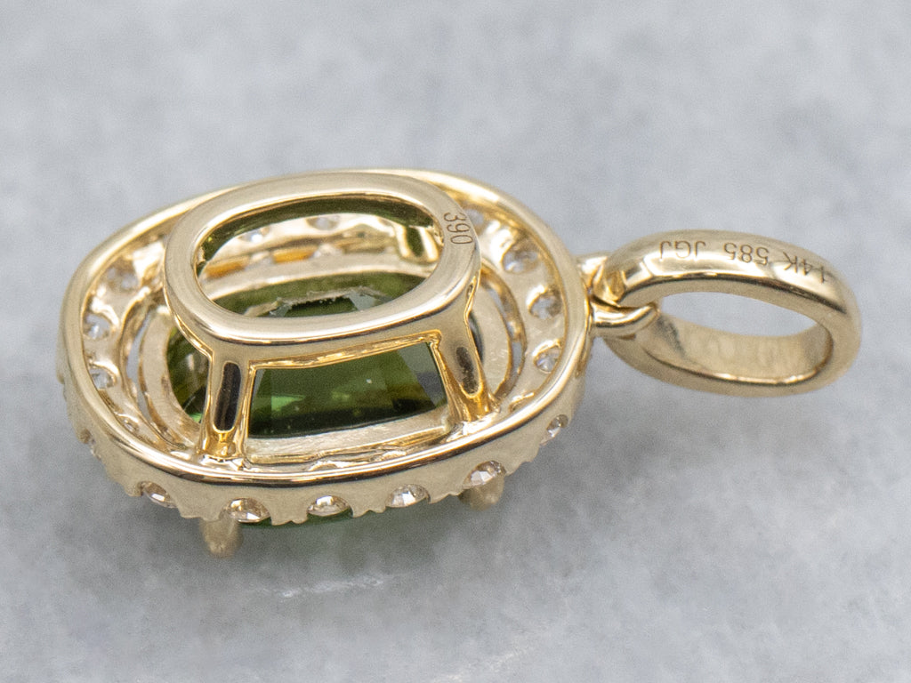 Modern Gold Green Sapphire and Diamond Halo Pendant