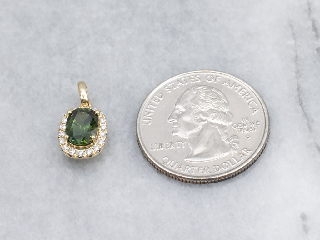 Modern Gold Green Sapphire and Diamond Halo Pendant