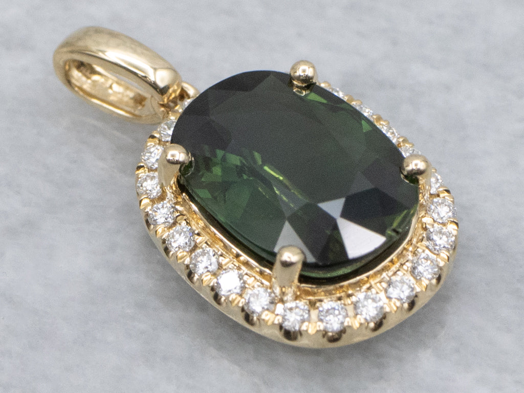 Modern Gold Green Sapphire and Diamond Halo Pendant