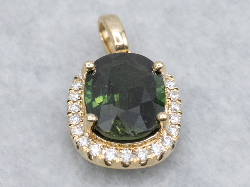 Modern Gold Green Sapphire and Diamond Halo Pendant