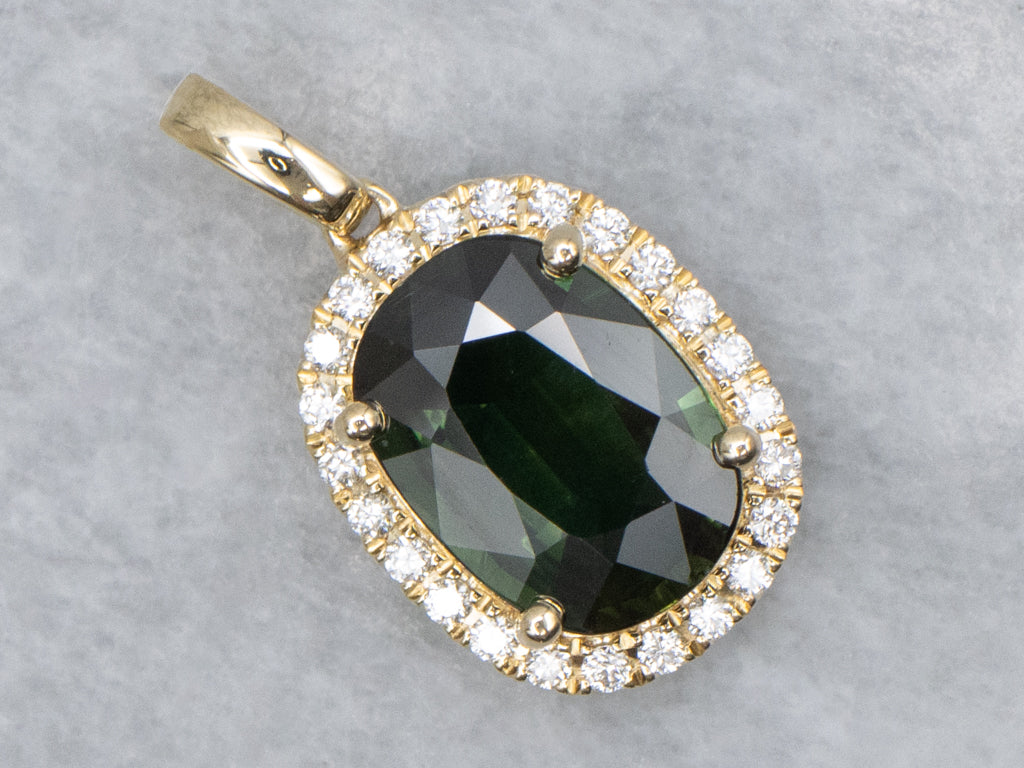 Modern Gold Green Sapphire and Diamond Halo Pendant