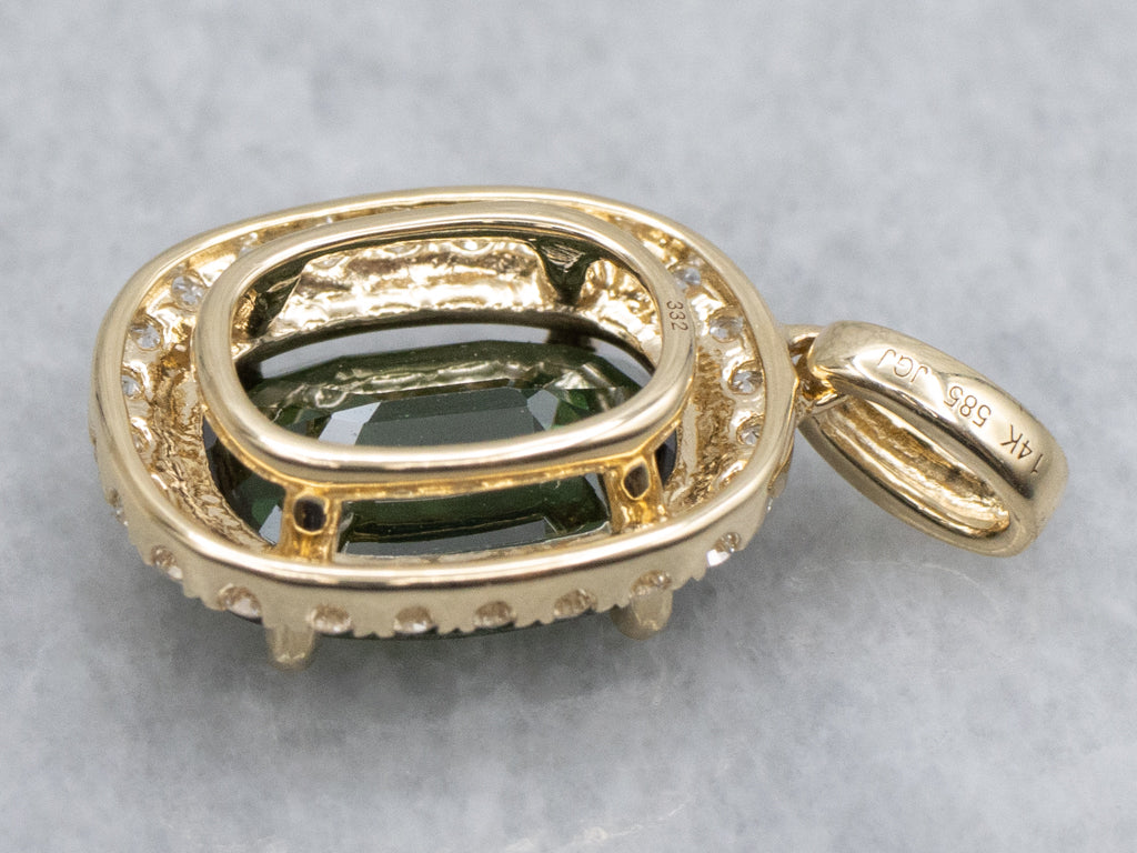 Modern Gold Green Sapphire and Diamond Halo Pendant