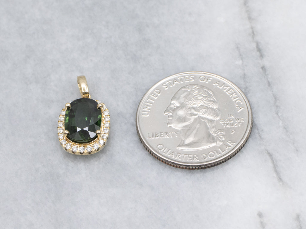 Modern Gold Green Sapphire and Diamond Halo Pendant