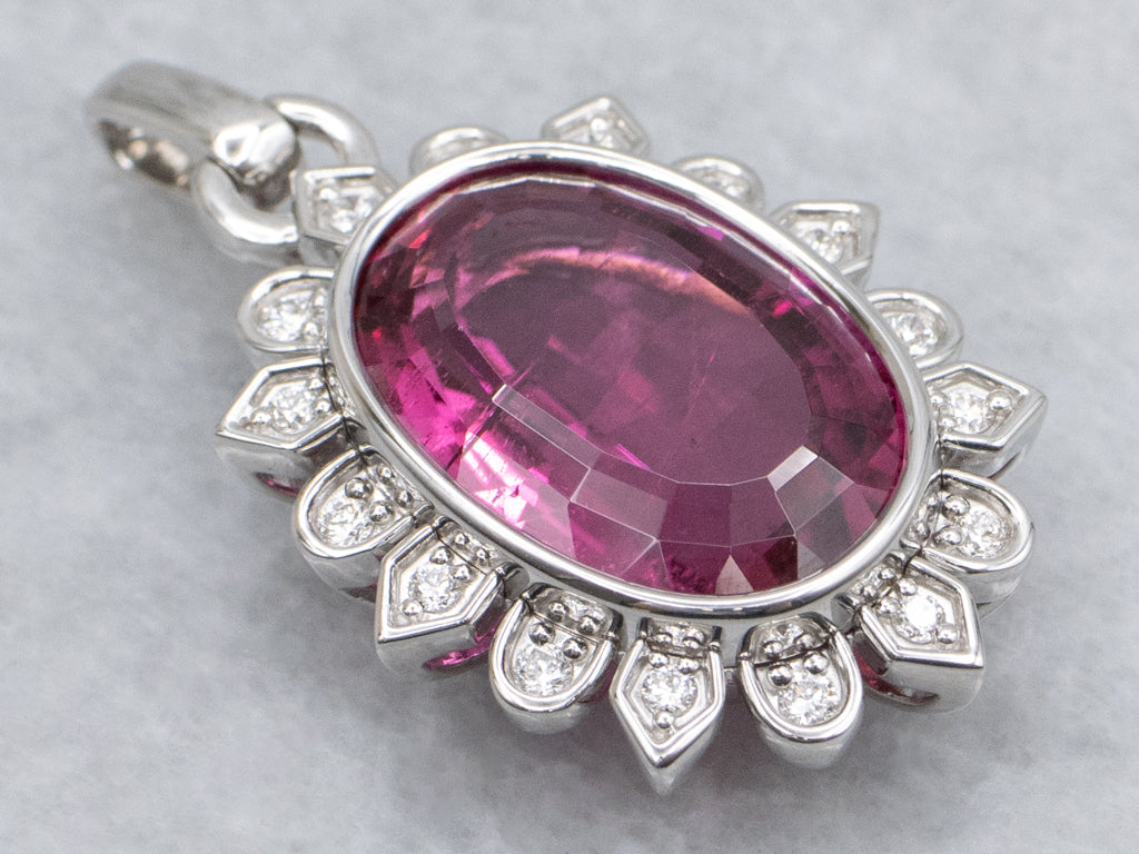 Modern White Gold Pink Tourmaline and Diamond Halo Pendant