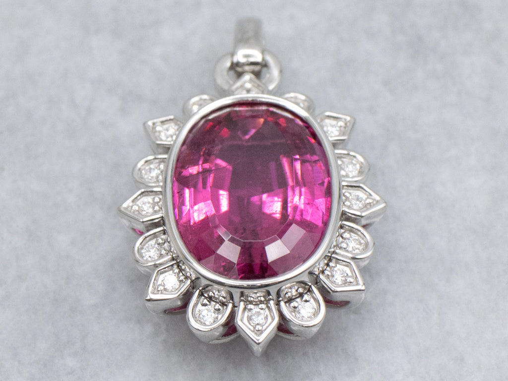 Modern White Gold Pink Tourmaline and Diamond Halo Pendant